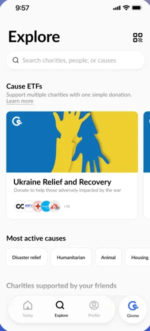 The Givmo app's Explore screen, showing charities and causes to discover and donate to