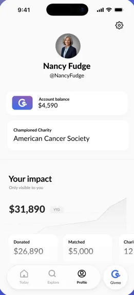 The Givmo app's Profile screen, showing a donor's giving activity and total impact